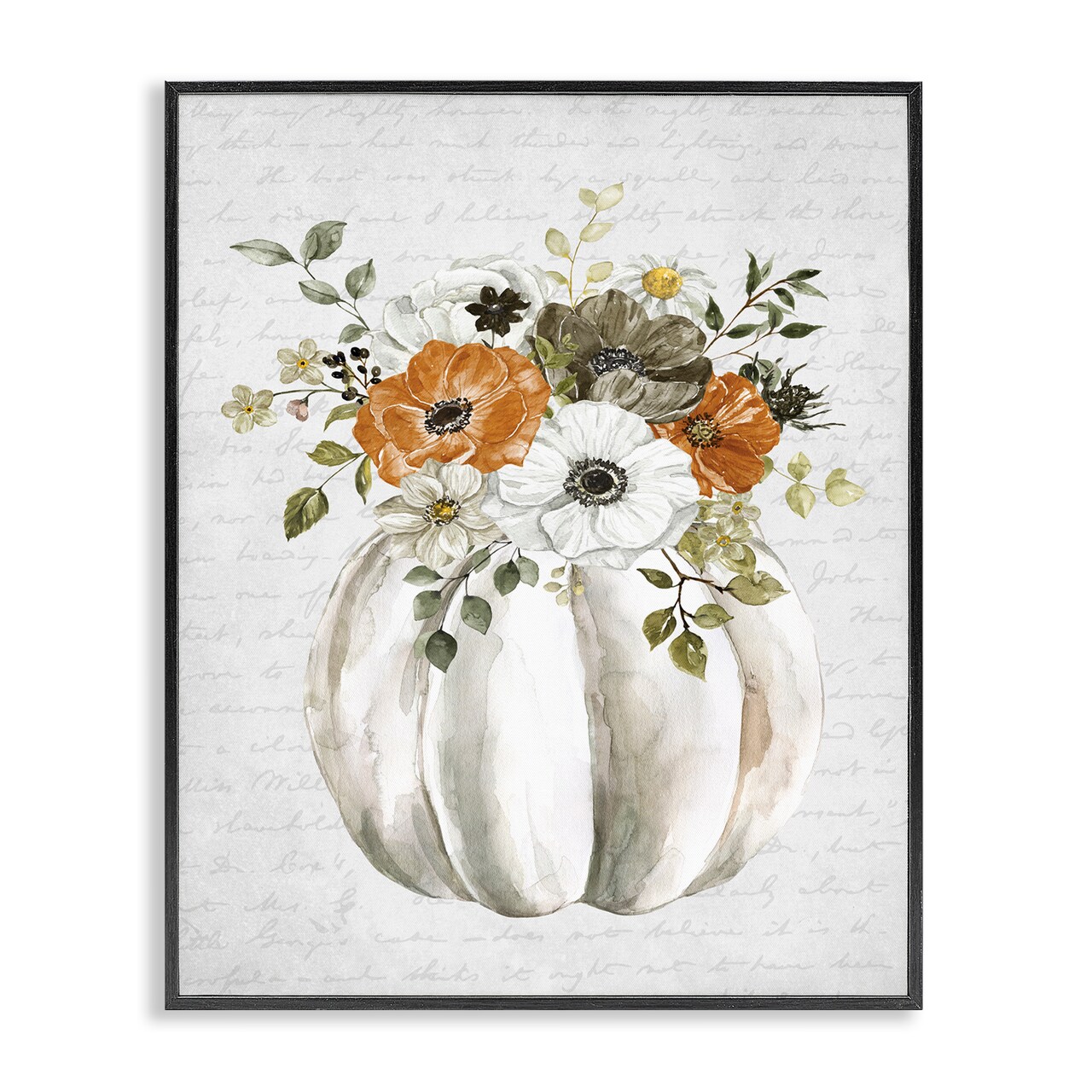 Festive Flower Bouquet Pumpkin Cursive Words Background Framed Giclee Art